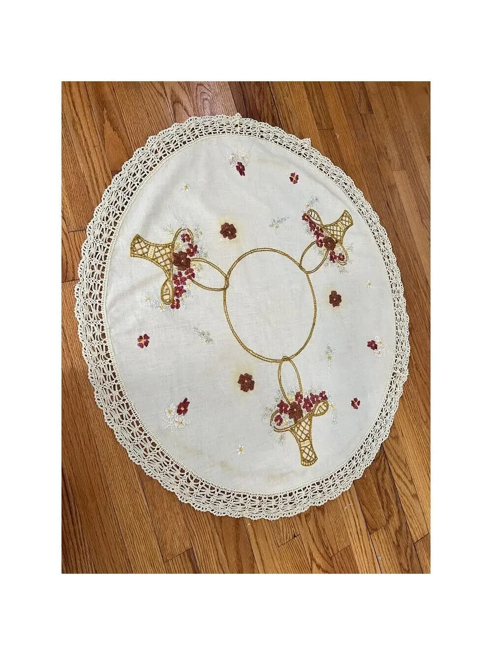 Vintage Embroidered Linen Doily | Floral Crochet Lace Table Topper